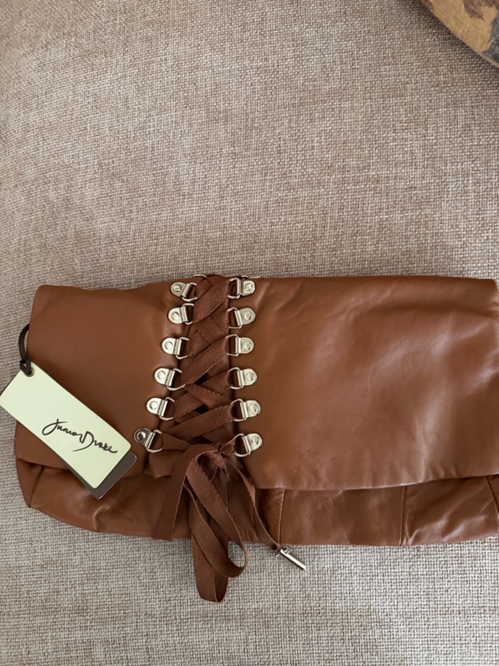New with tags ,leather Junior Drake Cognac Brown Lace-Up Foldover Clutch